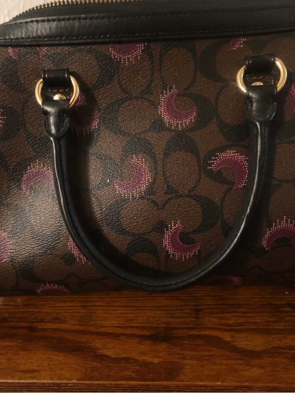 COACH Rowen Brown Signature Satchel with moon prints and Black Trim - Picture 12 of 14